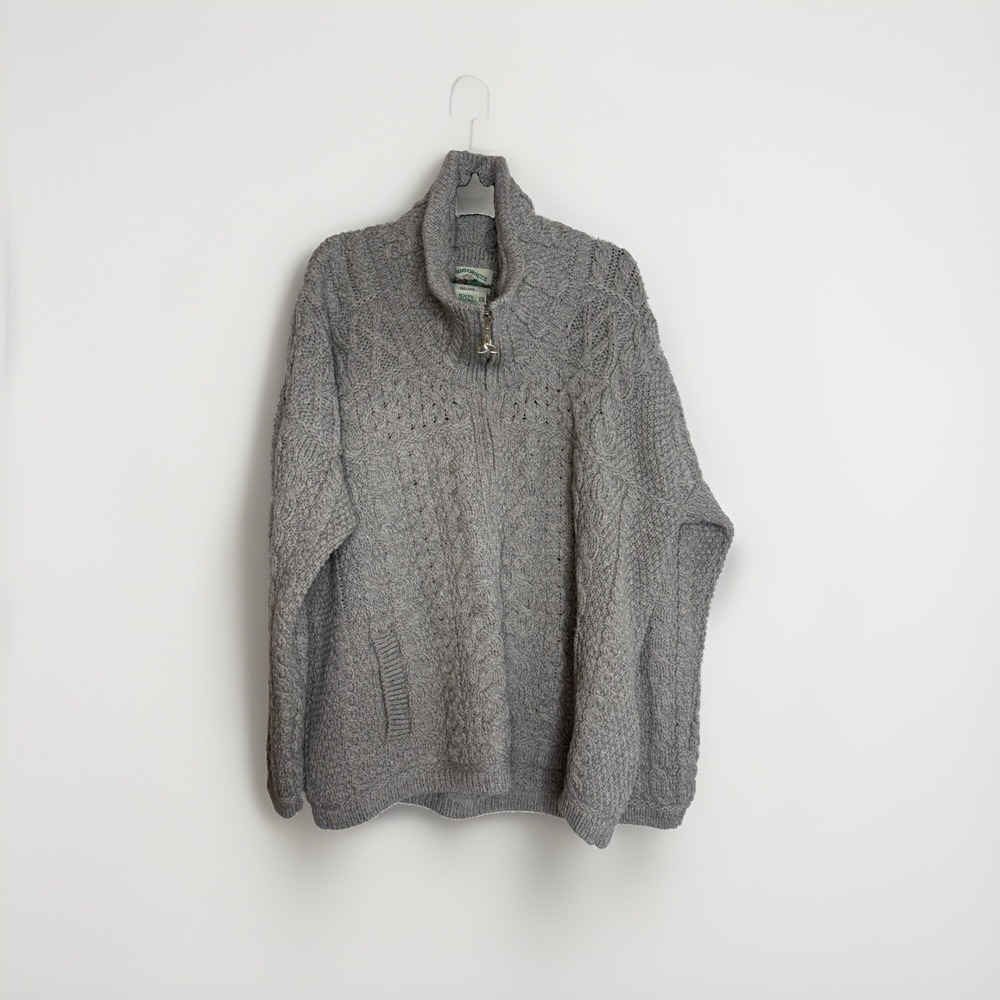 Aran Crafts Sz XXL Grey Cable Knit 1/4 Zip 100% Merino Wool Sweater NWOT